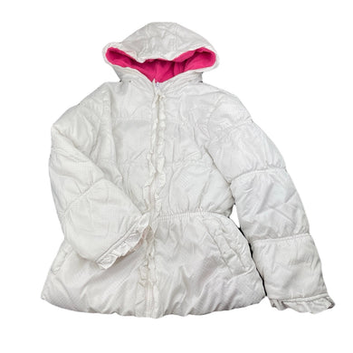 Girls Pink Platinum, fleece lined white & silver spot jacket / coat, wash fade & light marks, FUC, size 6,  