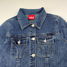 Load image into Gallery viewer, unisex Fred Bare, stretch denim jacket, light marks cuffs, FUC, size 8,  