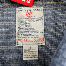 Load image into Gallery viewer, unisex Fred Bare, stretch denim jacket, light marks cuffs, FUC, size 8,  