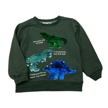 Load image into Gallery viewer, Boys H&amp;M, khaki lightweight sweater, sequin dinosaurs, wash fade, FUC, size 4,  