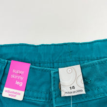 Load image into Gallery viewer, Girls Target, teal stretch cotton pants, adjustable, Inside leg: 69cm, NEW, size 14,  