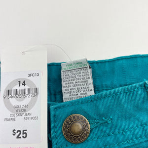 Girls Target, teal stretch cotton pants, adjustable, Inside leg: 69cm, NEW, size 14,  