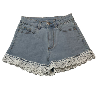 Girls 1964 Denim Co, lace trim stretch denim shorts, W: 27cm across, FUC, size 8,  