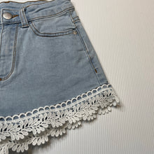 Load image into Gallery viewer, Girls 1964 Denim Co, lace trim stretch denim shorts, W: 27cm across, FUC, size 8,  