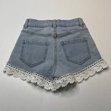 Load image into Gallery viewer, Girls 1964 Denim Co, lace trim stretch denim shorts, W: 27cm across, FUC, size 8,  