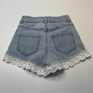 Girls 1964 Denim Co, lace trim stretch denim shorts, W: 27cm across, FUC, size 8,  
