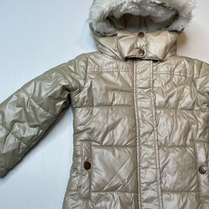 Girls Pumpkin Patch, gold hooded puffer jacket / coat, mark front left, FUC, size 2,  