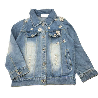 Girls Kilikili, embellished distressed denim jacket, armpit to armpit: 35cm, shoulder to cuff: 38cm, FUC, size 8-10,  