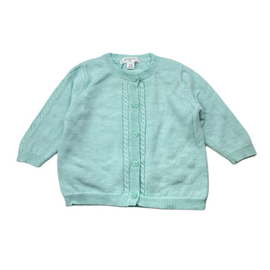 Girls purebaby, organic cotton knit cardigan, discolouration neck, FUC, size 00,  