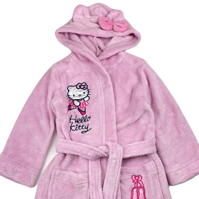 Girls San Rio, Hello Kitty fleece dressing gown / bath robe, no labels, L: 65cm, shoulder to cuff: 36cm, GUC, size 4-5,  