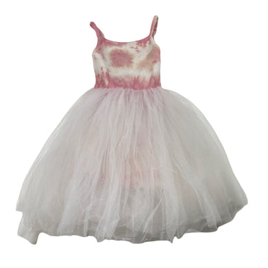 Girls TWO LITTLE PUFFINS, tie dyed & tulle dress, catches & small holes in tulle, FUC, size 0, L: 48cm