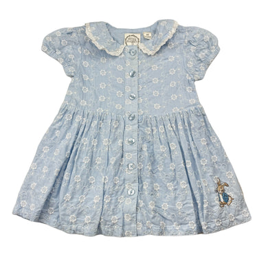 Girls Beatrix Potter, Peter Rabbit lined embroidered cotton dress, GUC, size 00, L: 36cm