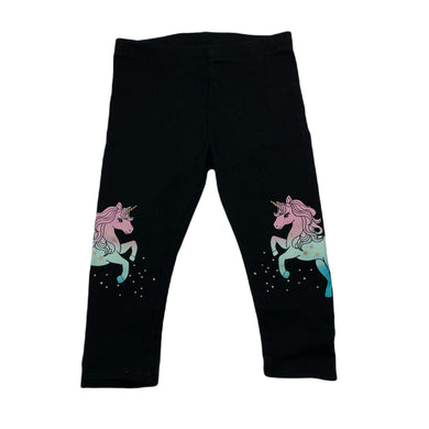 Girls Anko, black stretchy leggings, unicorns, Inside leg: 27.5cm, EUC, size 2,  