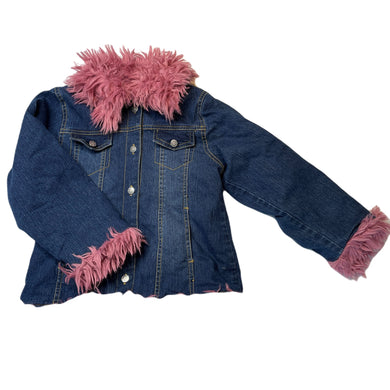 Girls Jelly Beans, vintage faux fur trim stretch denim jacket, GUC, size 6,  