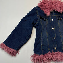 Load image into Gallery viewer, Girls Jelly Beans, vintage faux fur trim stretch denim jacket, GUC, size 6,  