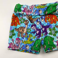 Load image into Gallery viewer, unisex colourful, handmade shorts, elasticasted, dinosaurs, EUC, size 00-0,  