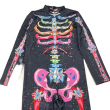 Load image into Gallery viewer, Girls stretchy, colourful skeleton one-piece, Sz: M, shoulder to cuff: 47cm, Inside leg: 64cm, EUC, size 10-14,  