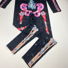 Load image into Gallery viewer, Girls stretchy, colourful skeleton one-piece, Sz: M, shoulder to cuff: 47cm, Inside leg: 64cm, EUC, size 10-14,  