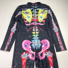 Load image into Gallery viewer, Girls stretchy, colourful skeleton one-piece, Sz: M, shoulder to cuff: 47cm, Inside leg: 64cm, EUC, size 10-14,  
