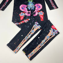 Load image into Gallery viewer, Girls stretchy, colourful skeleton one-piece, Sz: M, shoulder to cuff: 47cm, Inside leg: 64cm, EUC, size 10-14,  