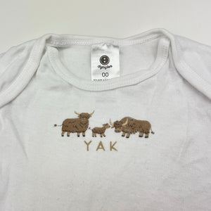 Unisex Dymples, organic cotton bodysuit / romper, yak, EUC, size 00,  