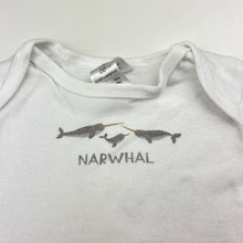 Load image into Gallery viewer, Unisex Dymples, organic cotton bodysuit / romper, narwhal, EUC, size 00,  