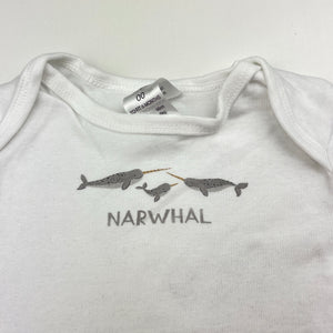 Unisex Dymples, organic cotton bodysuit / romper, narwhal, EUC, size 00,  