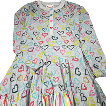 Load image into Gallery viewer, Girls Paper Wings, grey marle cotton ruffle dress, hearts, EUC, size 14, L: 100cm approx
