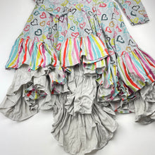 Load image into Gallery viewer, Girls Paper Wings, grey marle cotton ruffle dress, hearts, EUC, size 14, L: 100cm approx