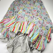 Load image into Gallery viewer, Girls Paper Wings, grey marle cotton ruffle dress, hearts, EUC, size 14, L: 100cm approx