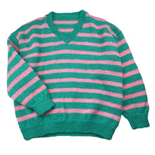 Load image into Gallery viewer, Unisex handmade, green / pink stripe knit sweater / jumper, L: 46cm, armpit to armpit: 42cm, armpit to cuff: 34cm, GUC, size 6,  