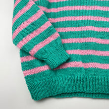 Load image into Gallery viewer, Unisex handmade, green / pink stripe knit sweater / jumper, L: 46cm, armpit to armpit: 42cm, armpit to cuff: 34cm, GUC, size 6,  