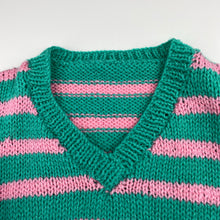 Load image into Gallery viewer, Unisex handmade, green / pink stripe knit sweater / jumper, L: 46cm, armpit to armpit: 42cm, armpit to cuff: 34cm, GUC, size 6,  