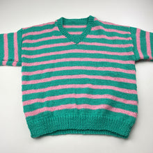 Load image into Gallery viewer, Unisex handmade, green / pink stripe knit sweater / jumper, L: 46cm, armpit to armpit: 42cm, armpit to cuff: 34cm, GUC, size 6,  