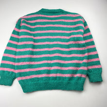Load image into Gallery viewer, Unisex handmade, green / pink stripe knit sweater / jumper, L: 46cm, armpit to armpit: 42cm, armpit to cuff: 34cm, GUC, size 6,  