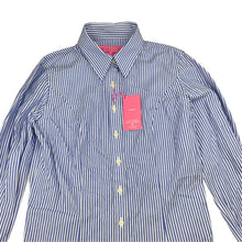 Load image into Gallery viewer, Womens AUSTEN BROTHERS, blue &amp; white stripe fitted long sleeve shirt, shoulder to hem: 56cm, armpit to armpit: 39.5cm, shoulder to cuff: 59cm, NEW, size 6,  