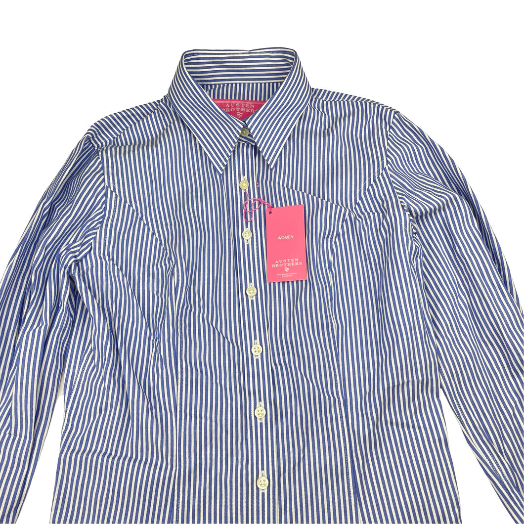 Womens AUSTEN BROTHERS, blue & white stripe fitted long sleeve shirt, shoulder to hem: 56cm, armpit to armpit: 39.5cm, shoulder to cuff: 59cm, NEW, size 6,  