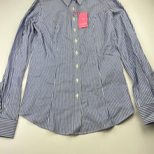 Load image into Gallery viewer, Womens AUSTEN BROTHERS, blue &amp; white stripe fitted long sleeve shirt, shoulder to hem: 56cm, armpit to armpit: 39.5cm, shoulder to cuff: 59cm, NEW, size 6,  