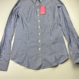 Womens AUSTEN BROTHERS, blue & white stripe fitted long sleeve shirt, shoulder to hem: 56cm, armpit to armpit: 39.5cm, shoulder to cuff: 59cm, NEW, size 6,  