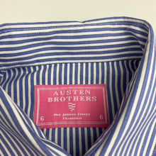 Load image into Gallery viewer, Womens AUSTEN BROTHERS, blue &amp; white stripe fitted long sleeve shirt, shoulder to hem: 56cm, armpit to armpit: 39.5cm, shoulder to cuff: 59cm, NEW, size 6,  