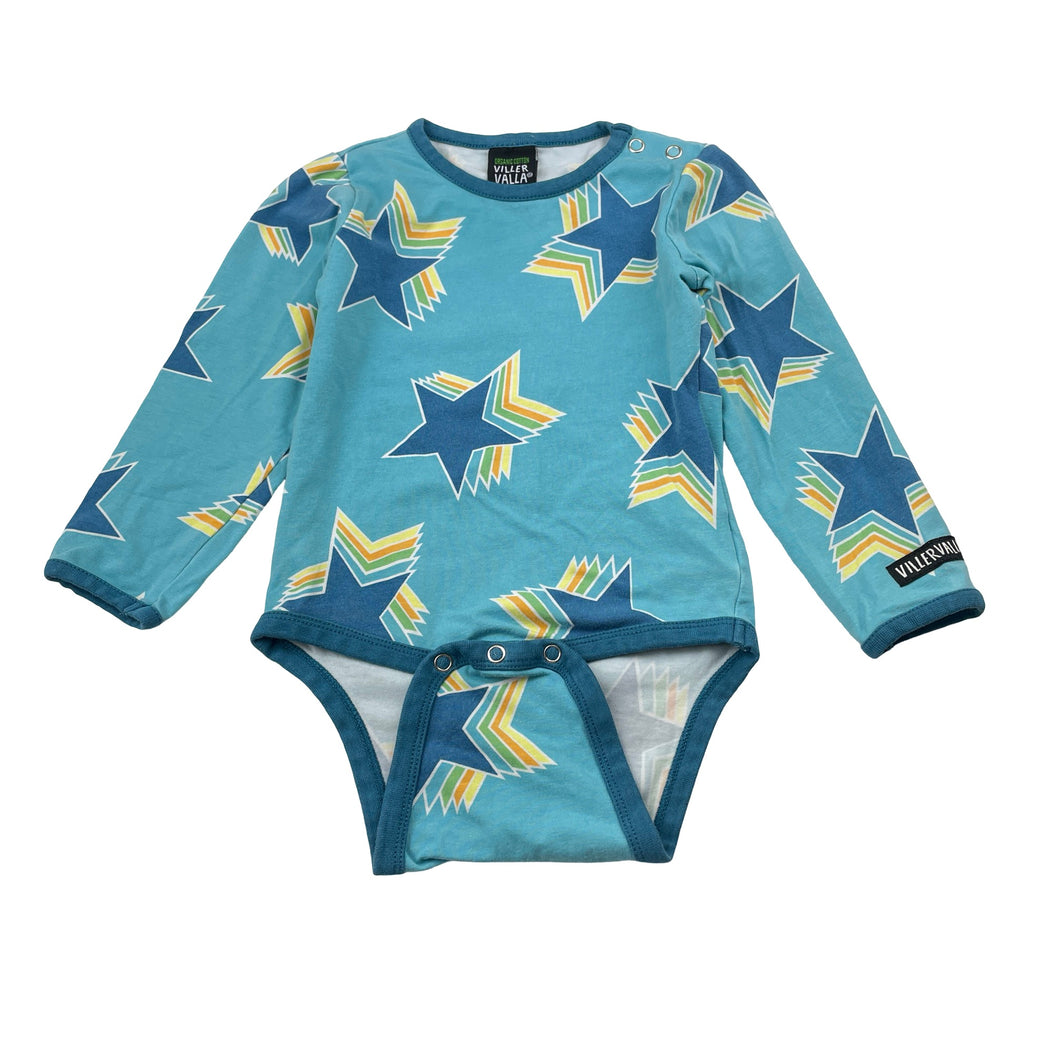 Unisex VILLERVALLA, organic cotton blend bodysuit / romper, wash fade, GUC, size 1-2,  