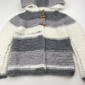 Unisex handmade, knit hooded cardigan / sweater, no size, L: 37cm, armpit to armpit: 29cm, armpit to cuff: 27cm, EUC, size 3-4,  