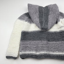 Load image into Gallery viewer, Unisex handmade, knit hooded cardigan / sweater, no size, L: 37cm, armpit to armpit: 29cm, armpit to cuff: 27cm, EUC, size 3-4,  