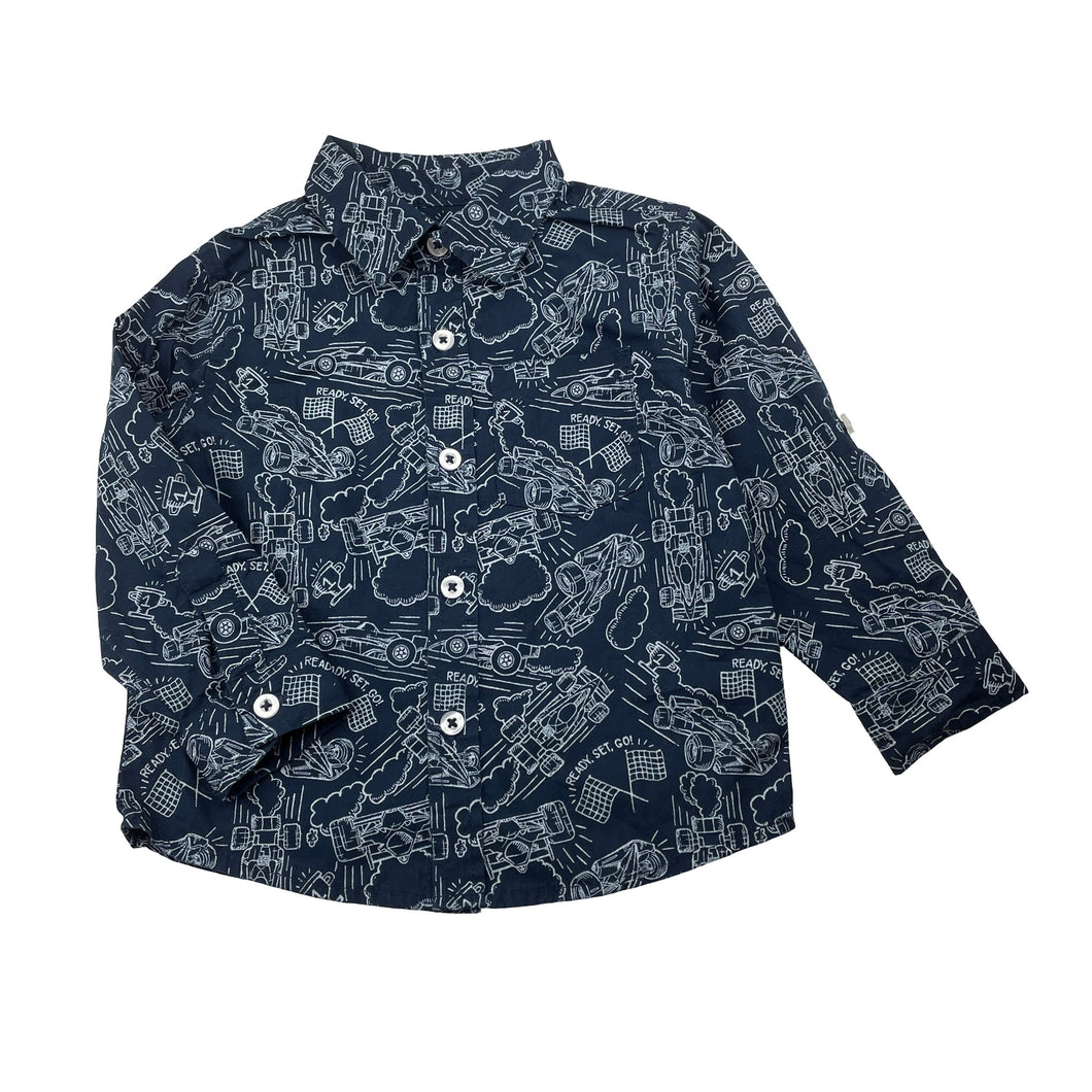 Boys Kids Headquarters, navy lightweight long sleeve shirt, racing cars, EUC, size 2,  