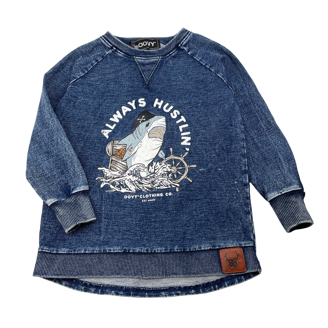 Boys OOVY, knit denim long sleeve top, shark, light wear on cuffs, FUC, size 3,  