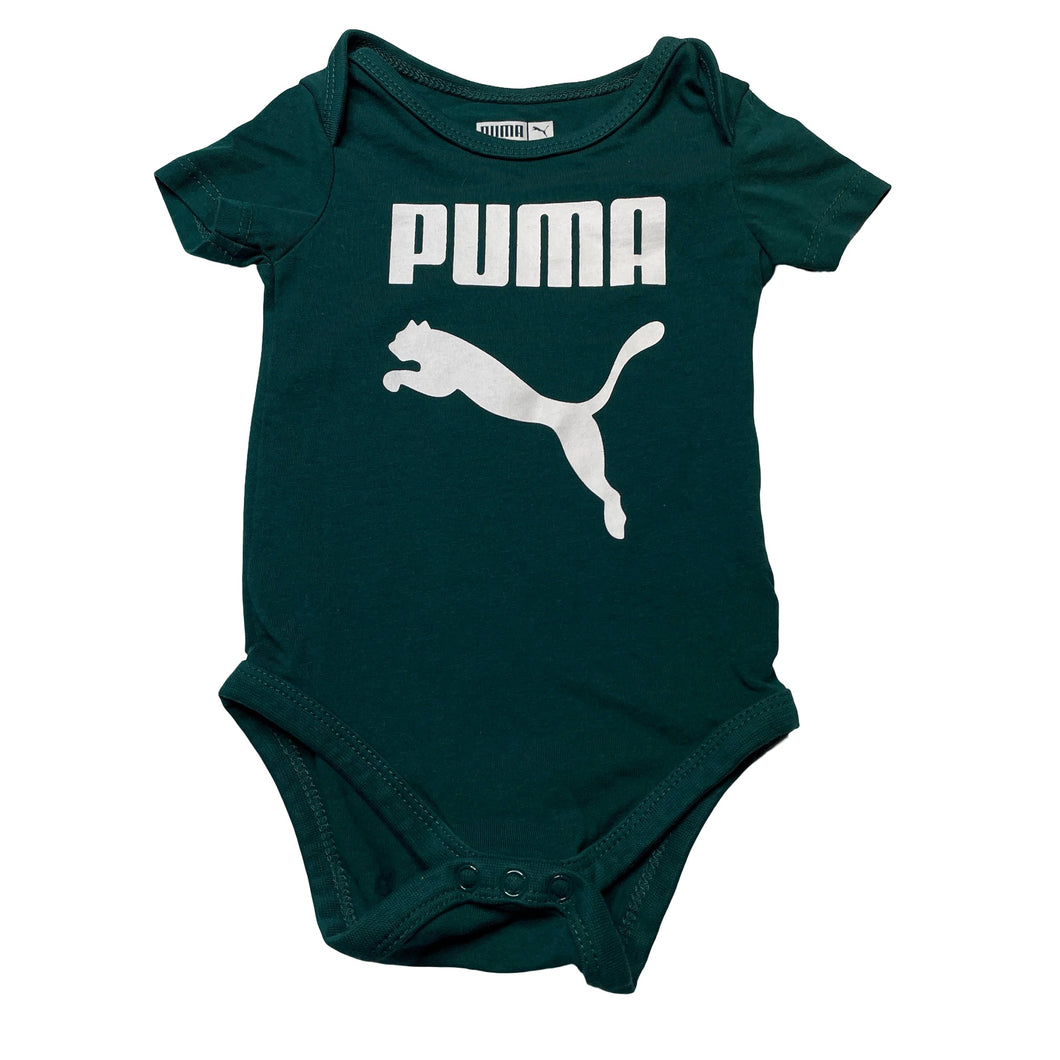 Unisex Puma, green cotton bodysuit / romper, EUC, size 00,  