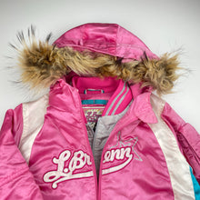 Load image into Gallery viewer, Girls L.Brenn, double zip ski/snow jacket, detachable snow skirt, *light discolouration, left pocket zipper broken*, FUC, size 8,  