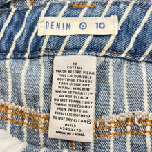 Load image into Gallery viewer, Girls Target, stripe denim overalls dress / pinafore, EUC, size 10, L: 70cm