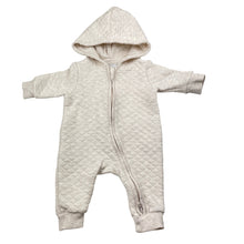Load image into Gallery viewer, Unisex Target, oatmeal marle zip up hooded romper, GUC, size 0000,  