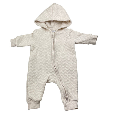 Unisex Target, oatmeal marle zip up hooded romper, GUC, size 0000,  